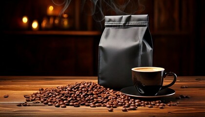 Luxury coffee branding, featuring elegant black packaging, espresso, and aromatic coffee beans.