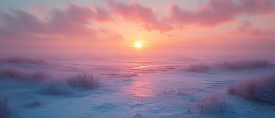 Pink sunset over snowy field, frosty plants, winter landscape, serene nature scene