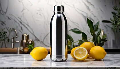 sleek stainless steel water bottle with a modern minimalist design, placed on a marble