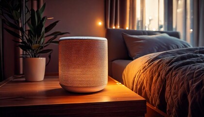 smart home speaker with voice assistant integration, sitting on a bedside