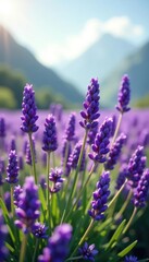 Field of purple lavender flowers swaying gently in the breeze, petals, landscape