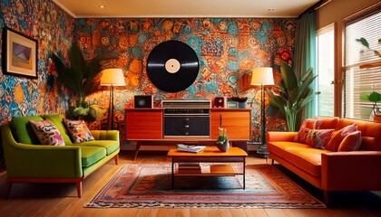 stylish retro 70s-inspired living room with bold colors, mid-century modern furniture
