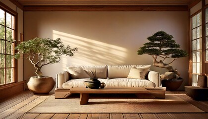 tranquil Japanese Wabi-Sabi inspired living space with natural wood, textured walls