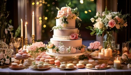 Romantic ambiance, showcasing a fairy-tale wedding cake, floral decor, and candlelit elegance.