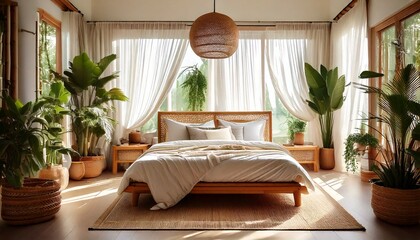 relaxing tropical-inspired bedroom with bamboo furniture, white flowing curtains