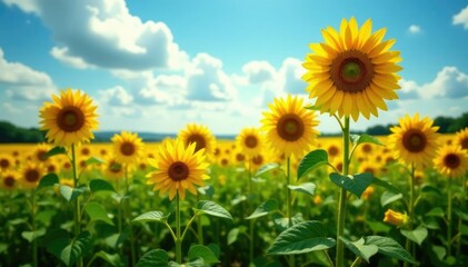 Field of tall sunflowers stretching towards the sky, countryside, field