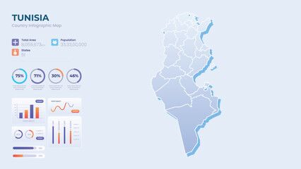 Fototapeta premium Infographic Map of Tunisia. Total Area, Papulation, States & More Detailed Infographic Map of Tunisia. Vector Illustration