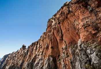 A low angle view of a rocky mountain landscape.