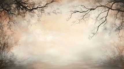 Misty forest with ethereal light and ghostly tree branches stretching through the haze