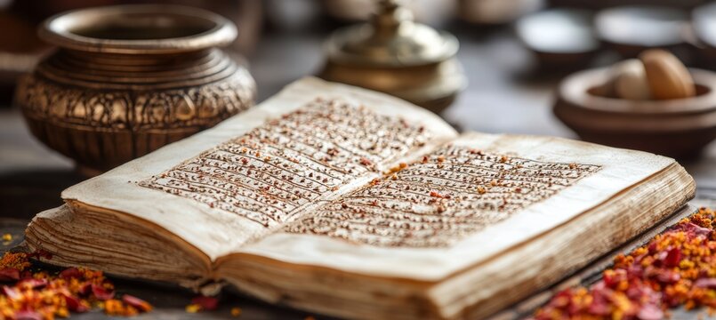 Holy book of Veda. Hinduism spiritual belief. Generative AI technology.	
