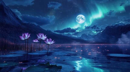 Obraz premium Full moon reflected in a lake with glowing lotus flowers and a soft aurora sky