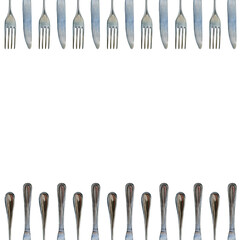 Seamless border with forks and knives. Watercolor illustration of serving utensils on a white background. Good for postcards, recipes, menu, invitations, greeting cards