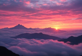 Obraz premium Sunrise over mountains with pink and purple clouds.