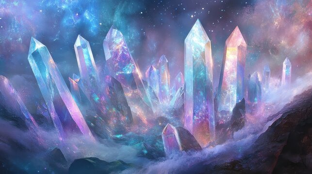 Magical crystal cave filled with glowing quartz and mist illuminated by floating energy wisps