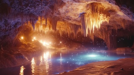 Obraz premium Magical cave with glowing crystals and a shimmering pool reflecting the stars of the sky