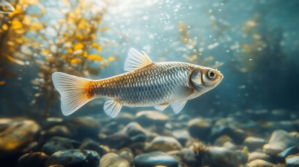 Naklejka premium River fish swimming, aquatic plants, pebbles. Nature background, perfect for nature documentaries