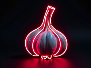 neon A glowing garlic bulb is lit up in red. The bulb is lit up in a black background