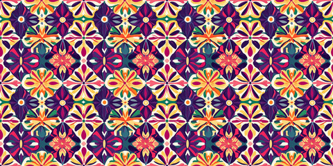 Colorful floral pattern creates a vibrant seamless background with intricate designs and bold hues. Pattern Jam
