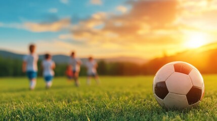 Fototapeta premium Exciting soccer match in the golden hour outdoor field action shot environment low angle view team spirit