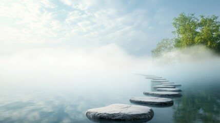 Stone pathway disappearing into mist with smooth stepping stones creating a tranquil atmosphere