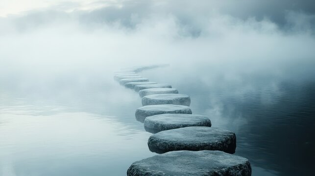 Meditative stone path leading into the mist evoking tranquility and deep introspection