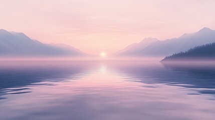 Dawn over a misty lake with soft ripples and mountains fading into haze
