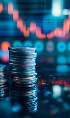 Close up stack of shiny silver coins in front of financial chart represents prosperity growth