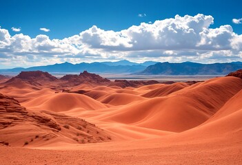 Fototapeta premium Desert Landscape with Sand Dunes and Mountains Under Blue Sky.