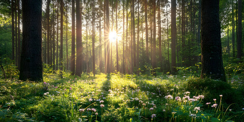 Obraz premium Serene forest sunrise, Tranquil nature landscape, Peaceful morning woodland, Sunlight through trees, Nature photography