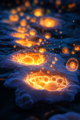 A visionary scene where organic fungal forms and shimmering quantum particles blend into a tapestry