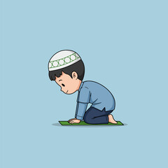 Boy Cartoon Praying on Mat with Religious Headdress Peaceful Scene