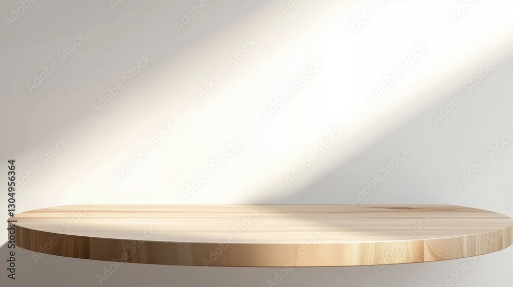 Poster minimalist wooden table top with soft shadows in a bright, well-lit interior. 3d rendering of a prod
