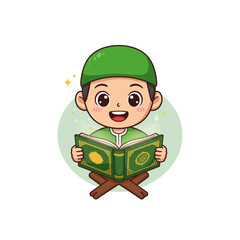 Cartoon Boy Reading Holy Book with Stand Illustration Design