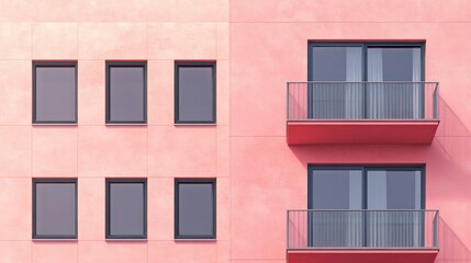 Obraz premium Pink apartment building facade with balconies and windows