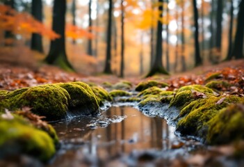 Fototapeta premium A Stream Running Through A Forest Floor Covered In Moss And Leaves.