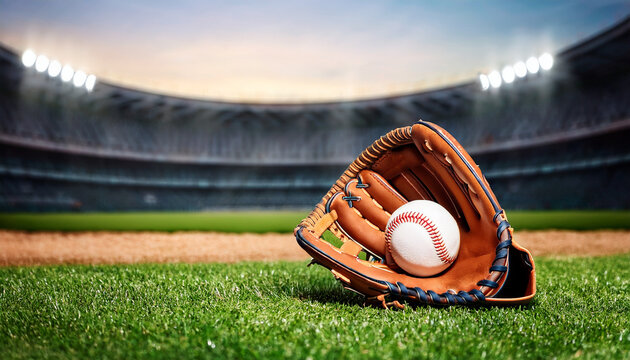 A worn baseball rests snugly in a leather glove on the vibrant green grass of a baseball field