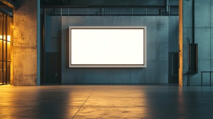 Modern industrial-style advertising frame for movie posters, front perspective view. Sleek and minimalist design with metallic accents, perfect for cinemas, public displays, and promotional showcases.