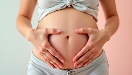 A close-up of a pregnant woman&rsquo;s hands forming a heart shape over her belly