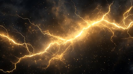 Glowing gold lightning bolt striking through dark stormy clouds.