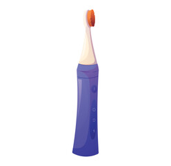 Modern electric toothbrush with purple handle and orange bristles. Cartoon vector illustration of a rechargeable dental care device isolated on white background. Oral hygiene and healthcare concept.