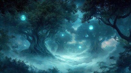 Obraz premium Magical forest with hovering trees glowing orbs and soft mist covering the forest floor