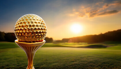A gleaming golden golf ball trophy stands proudly against a scenic sunset on the golf course with space for copy