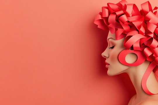 Female model with paper curls on a coral background, showcasing creativity and modern hairstyle concepts for fashion and beauty industries