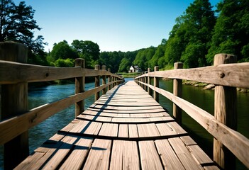 Fototapeta premium A wooden bridge over a river surrounded by trees and houses.