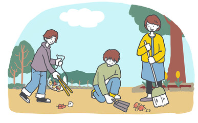 公園でゴミ拾いをする人々のイラスト