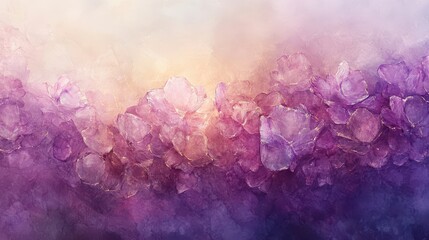 Fototapeta premium Floating crystal blossoms outlined in golden light blending into a watercolor sky