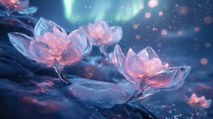 Obraz premium Ice-sculpted flowers growing on glowing vines bathed in soft light from a floating aurora