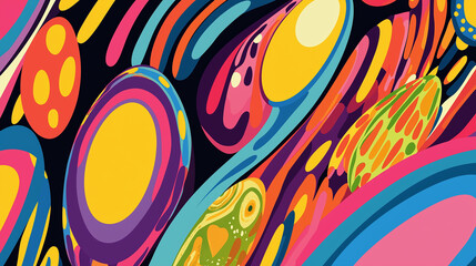 Fototapeta premium Easter poster, spring background, colorful pattern, wall decoration, groovy, trippy, geometric shape, vintage hippie wall art for interior, decorative, banner, cover, card