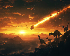 Extinction Event, Dinosaurs Watching a Massive Meteor Streak Across the Sky