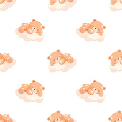 Cute little bear on the cloud seamless pattern, vector illustration, Hand Drawn Cute kids graphics prints for pajamas textile